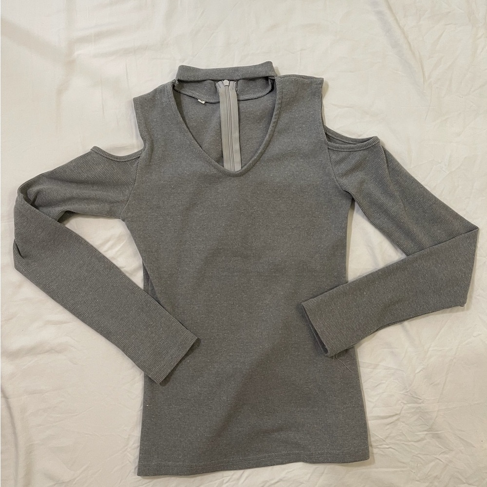 YesStyle Gray Cold Shoulder Long Sleeve Top